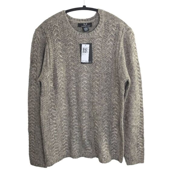 Magaschoni Taupe Heather chunky cable knit wool blend crew neck sweater mens S - Picture 1 of 4